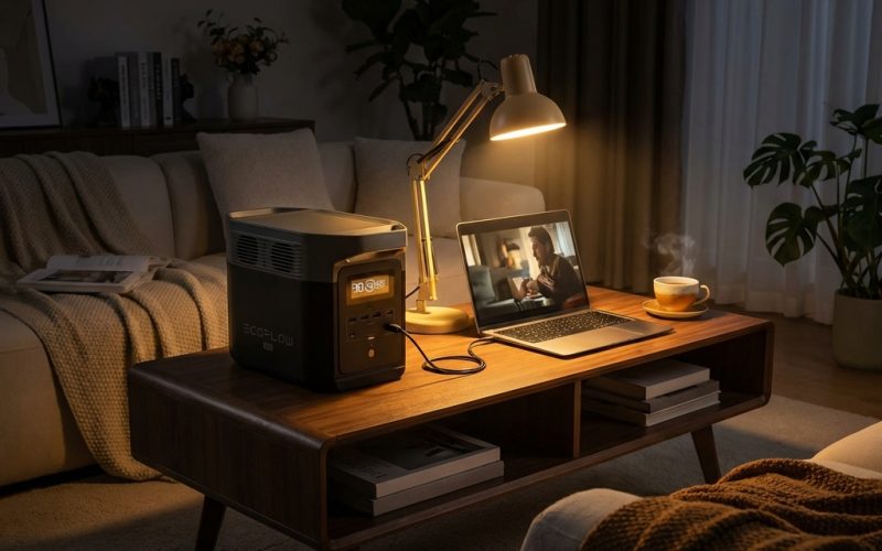 Екофлоу огляд: зарядна станція Delta 2 на столі під час блекауту