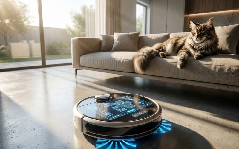Робот пилосос для квартири з тваринами прибирає шерсть поруч з котом